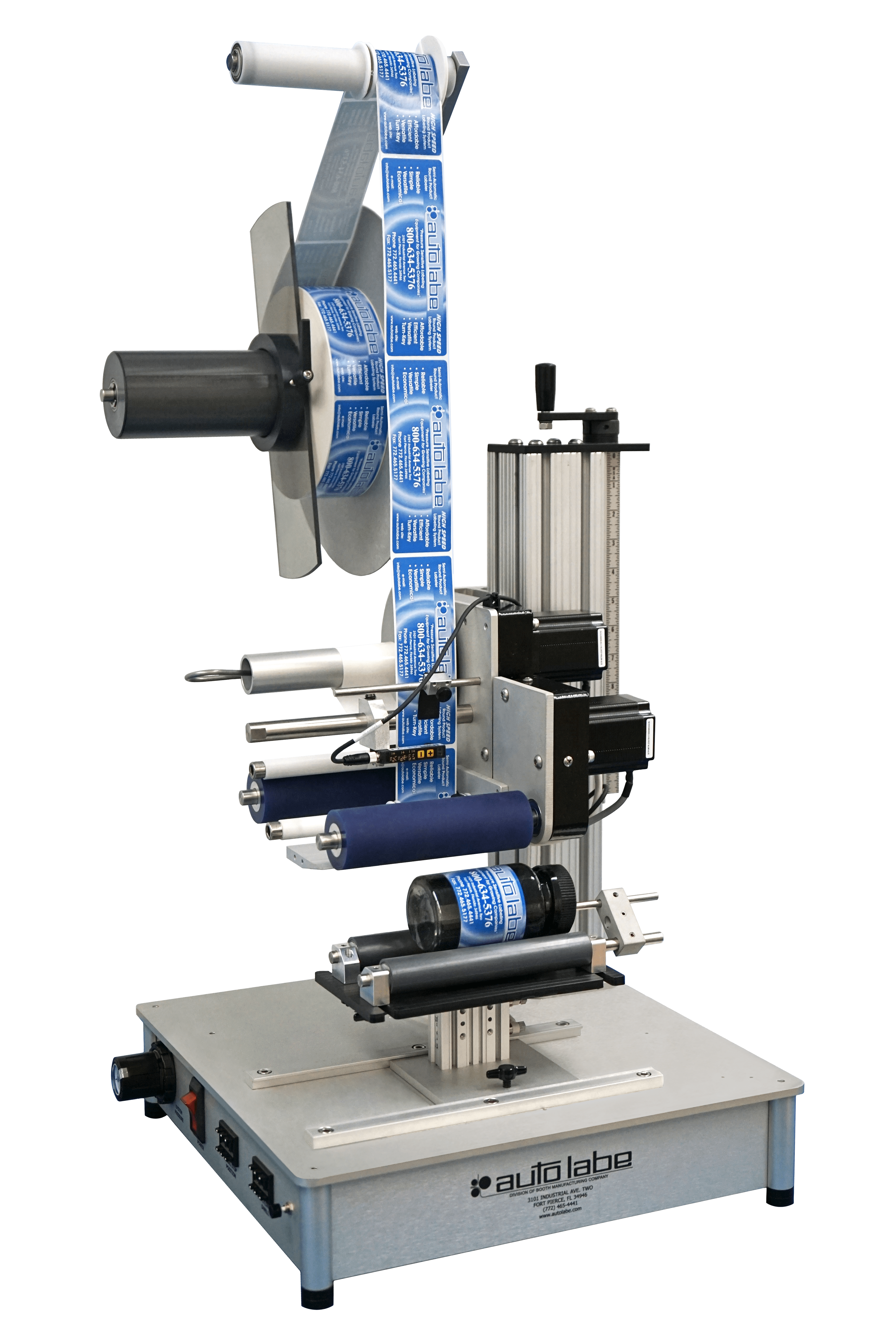 Auto Labe Model 550S Semi-Automatic Labeler applying labels to cylindrical bottles for small to mid-sized production lines.