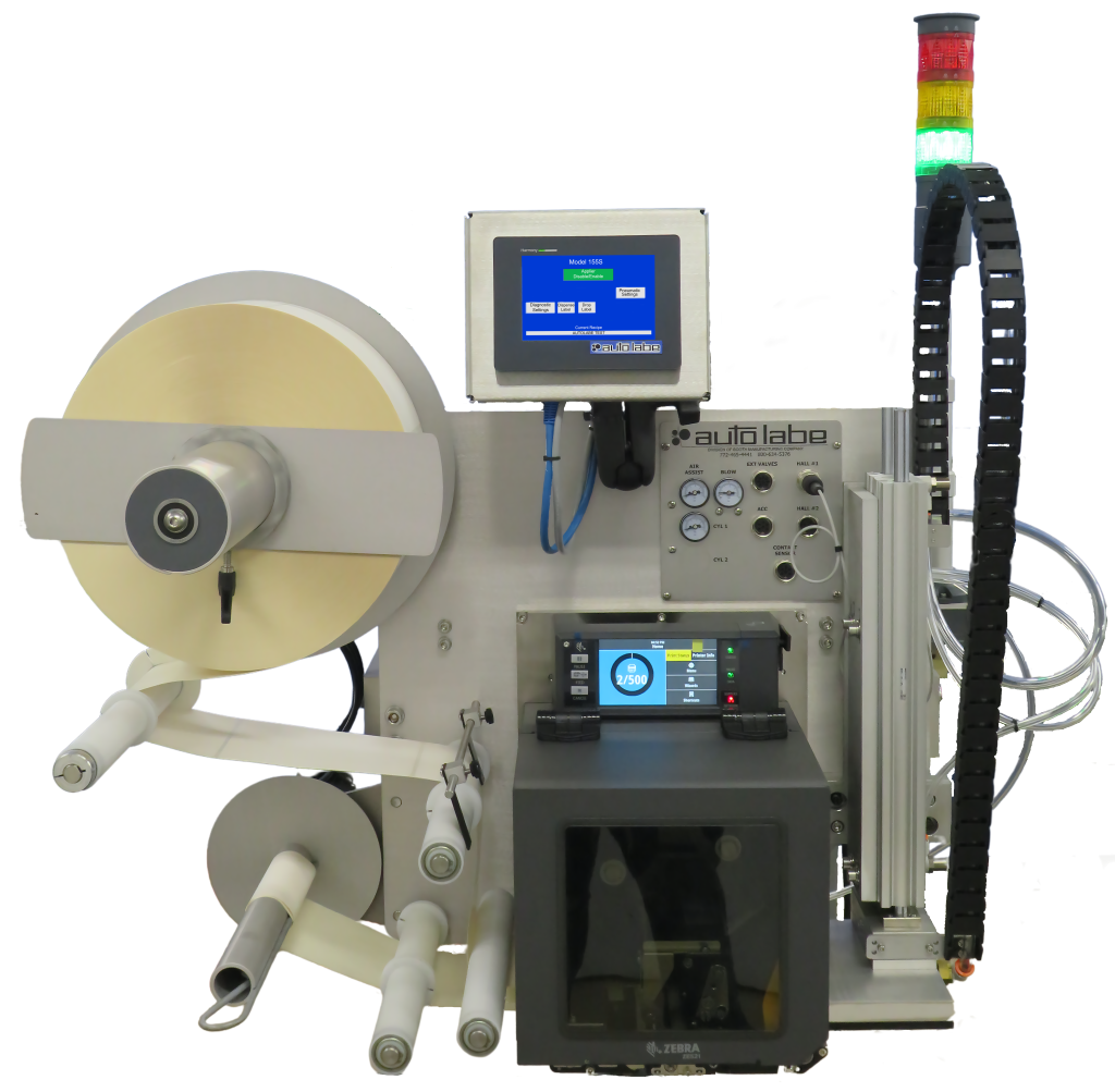 Model 155 Rev 2 pressure sensitive label applicator for automated product labeling