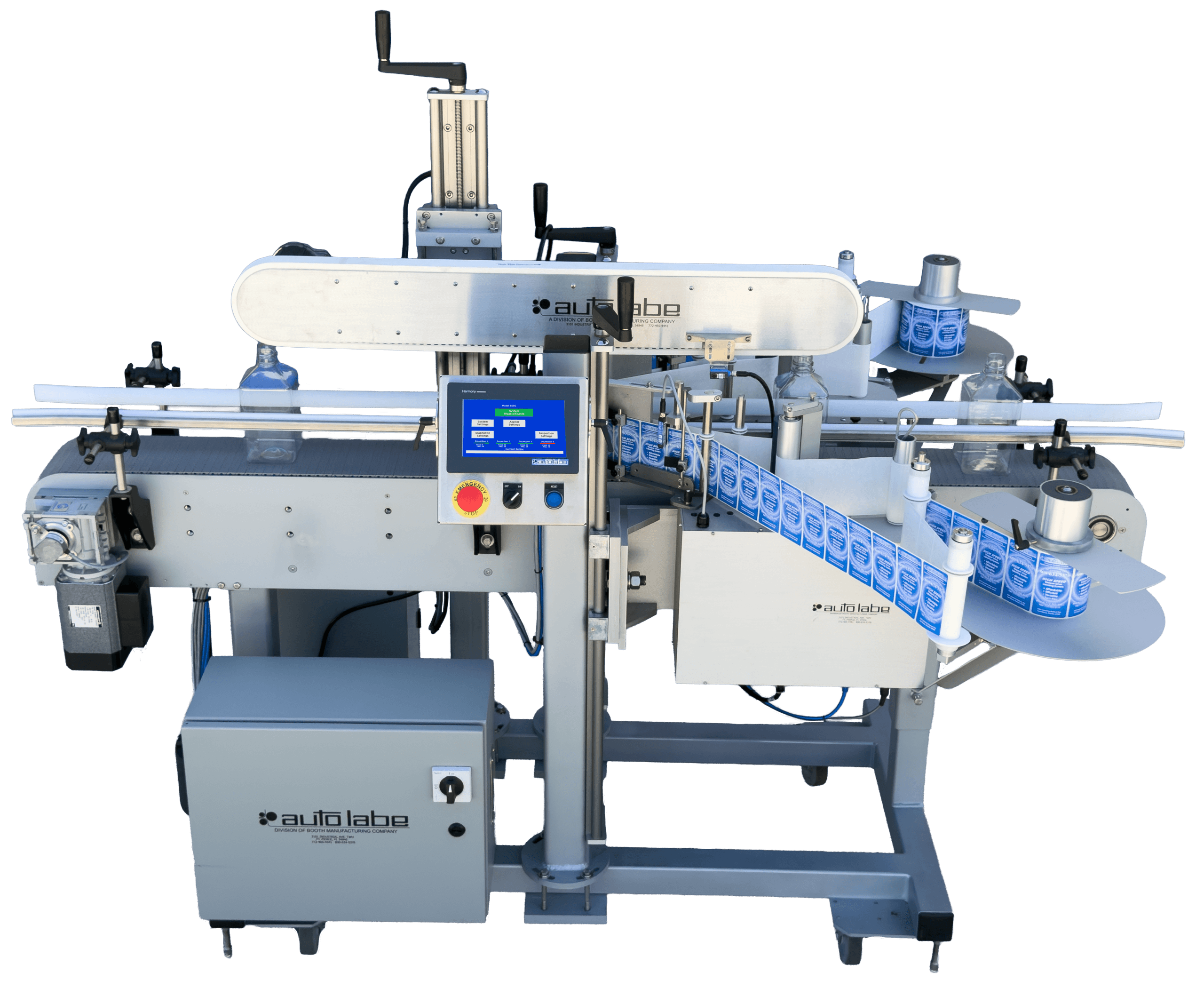Auto Labe 640S dual-applicator labeling system configured for front and back bottle labeling with a top hold-down.