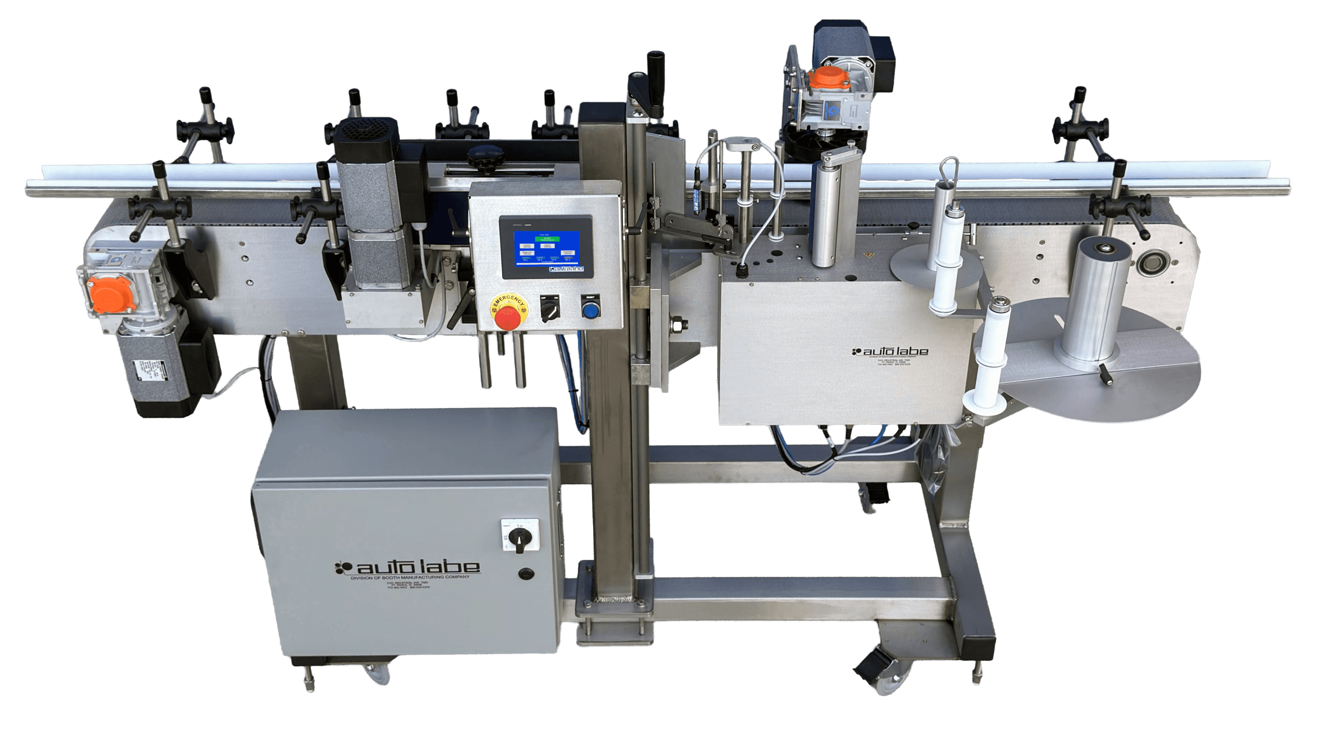 Auto Labe 620S stainless steel labeling system with conveyor, label applicator, and touchscreen controls.